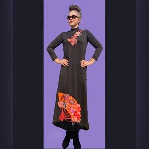 Vintage PAGANNE By GENE BERK Art Nouveau FLORAL/Black Maxi Sleeve Dress Size M/L